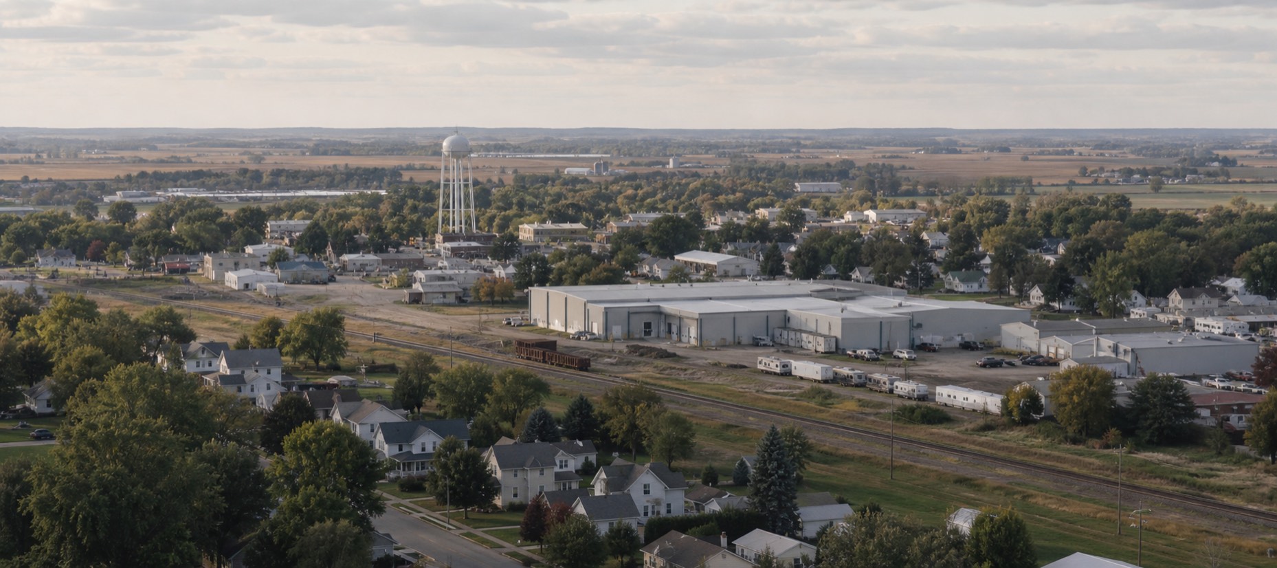 Aerial view of a small town on the plains &mdash; a water tower, a rail line, and a manufacturing plant at the edge of the farmland